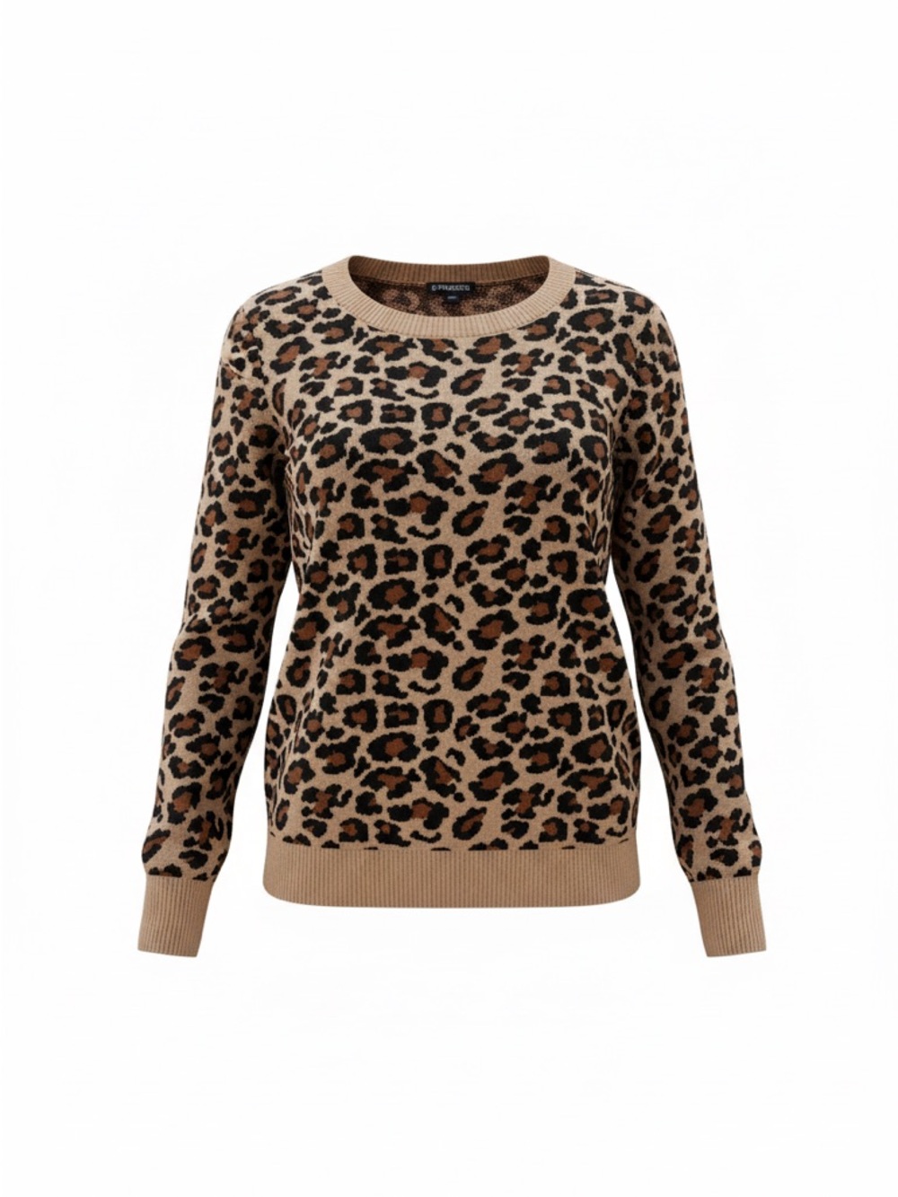 Leopard Print Knit Sweater Tan Brown Crew Neck Long Sleeve Soft Cozy Medium